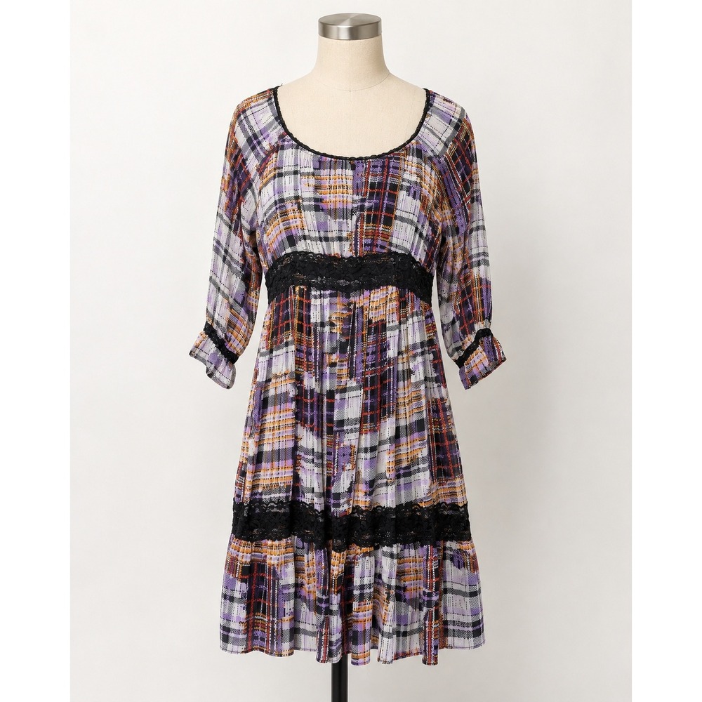 Blush‎ Plaid Mini Dress Womens Large Purple Orange Excellent Lace Babydoll 3720